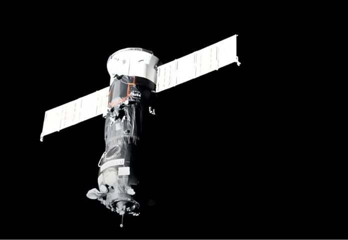The Progress 92 cargo spacecraft, carrying nearly 3,000 pounds of food, fuel, and supplies for the Expedition 73 crew, approaches the International Space Station in July 2025 before docking to the Poisk module. Credit: NASA
