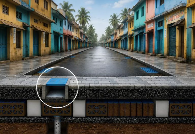 Coimbatore entrepreneur, RR Sivaram transforms waste plastic into rainwater-saving drainage solution. Image credit:the better india