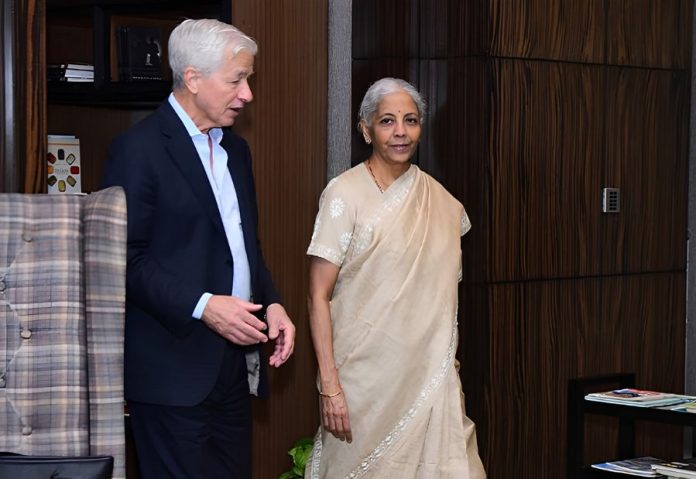 JPMorgan CEO Jamie Dimon meets Finance Minister Nirmala Sitharaman in Mumbai Credit: Money Control JPMorgan CEO Jamie Dimon meets Finance Minister Nirmala Sitharaman in Mumbai Credit: Money Control